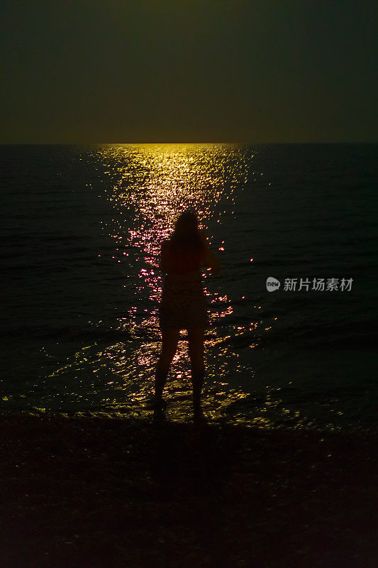 一个女人在月光下走向海边