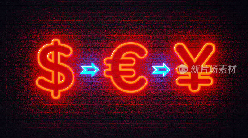 货币符号形状霓虹灯在黑色墙壁上-货币交换概念