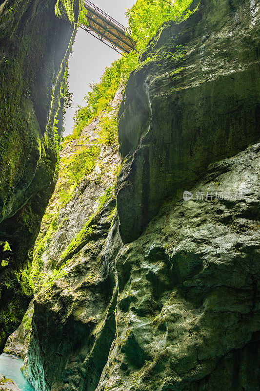 晶莹剔透的翡翠山河流之间的岩石峡谷托尔明峡谷在特里格拉夫国家公园，Primorska，斯洛文尼亚，朱利安阿尔卑斯，欧洲