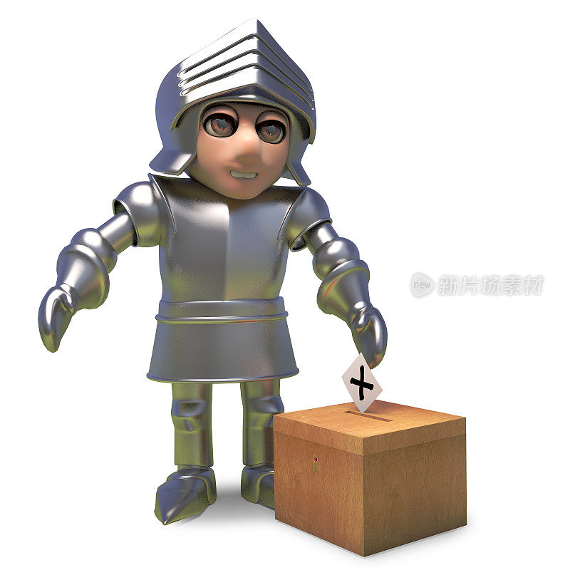 勇敢的盔甲骑士投他的投票在中世纪选举，3d插图