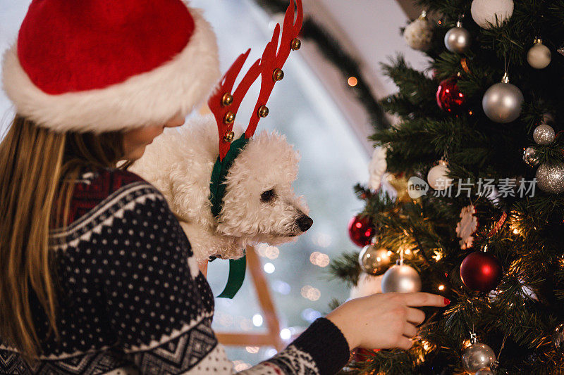 一个年轻女人和她的狗在看圣诞树