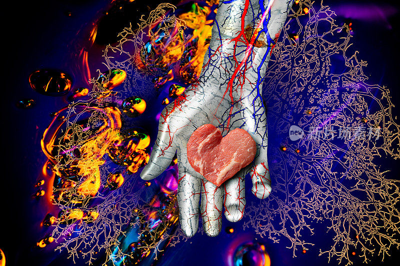心形的人造肉被放置在金属机器人的手掌上。背景，血管图像和彩色细胞
