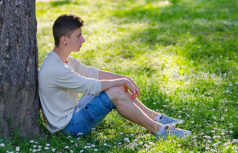 年轻的男孩坐在草地上