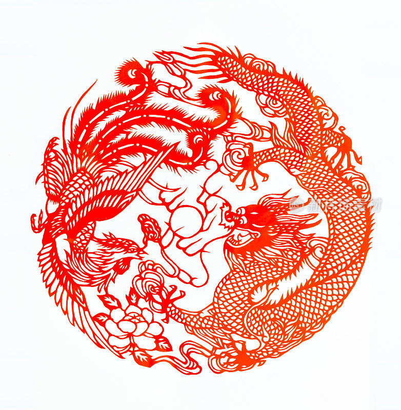 中国传统剪纸，龙、凤、双喜图案