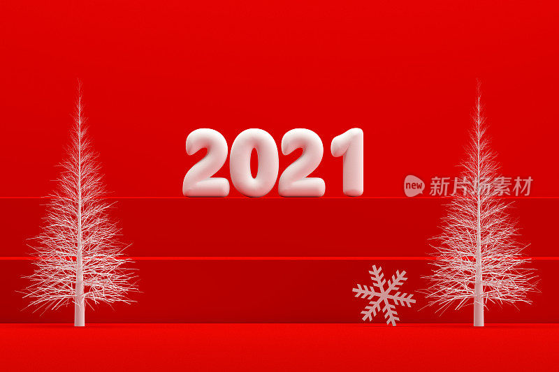 圣诞2021新年概念，红色背景，楼梯站讲台