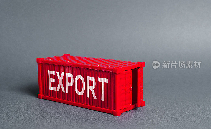 带有出口字样的红色集装箱。外贸的概念与货物运输、交货、航运有关。工业和生产，贸易平衡和分配。全球化