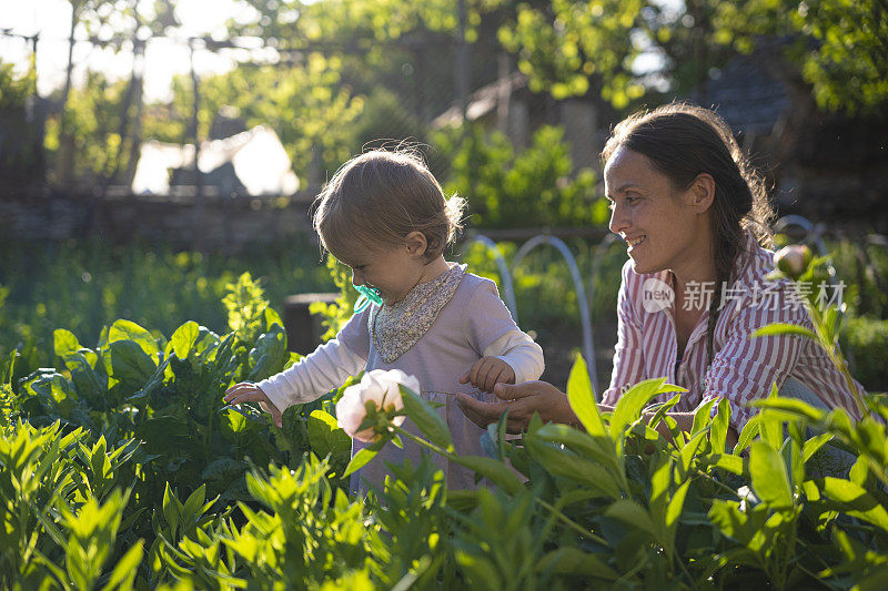 母亲和婴儿一起在夕阳下园艺。