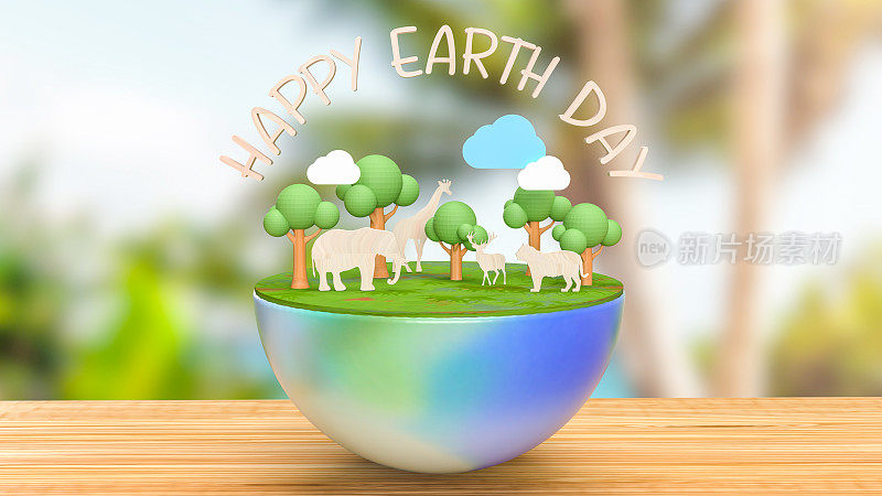 动物板上的世界地球日概念3d渲染