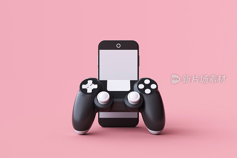手柄和手机的粉色背景的3d渲染。创意极简游戏概念。