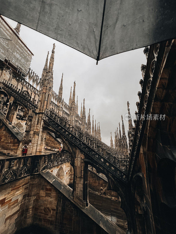 在意大利的一个雨天，从伞下俯瞰米兰大教堂的屋顶