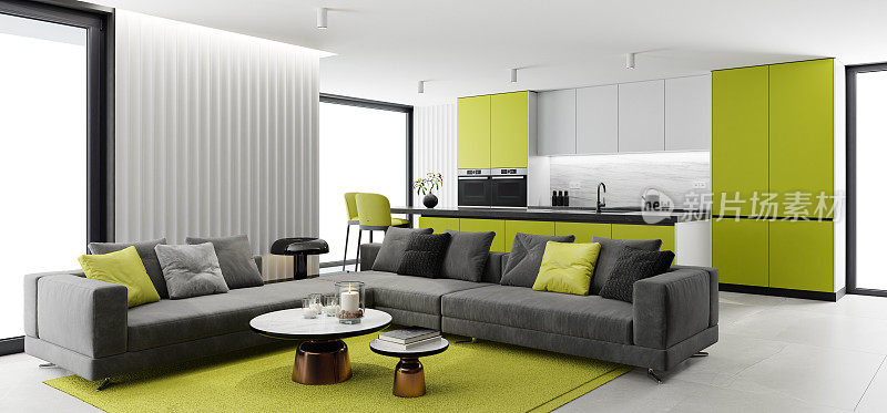 现代极简主义公寓内部。带现代化厨房的客厅