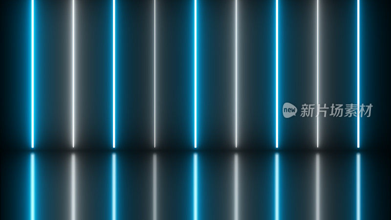 方形矩形相框与两个色调霓虹灯彩色运动图形孤立的黑色背景。光移动叠加元素。三维插图渲染。空白复制空间中间-白色和蓝色