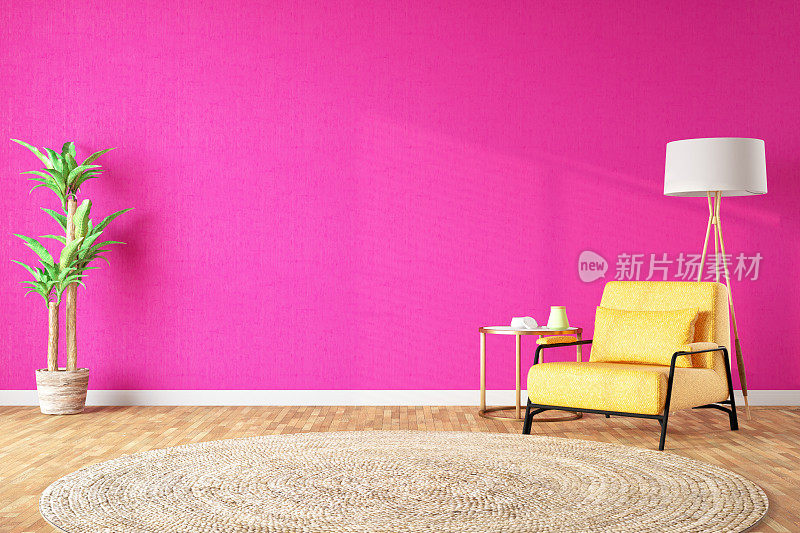 空的粉红色墙壁和黄色扶手椅的模型
