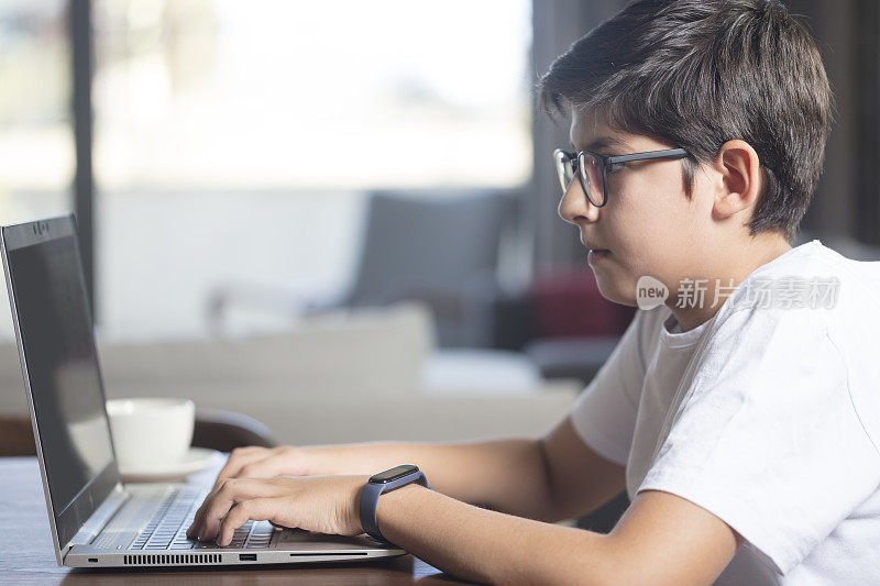 十几岁的男孩用笔记本电脑做作业