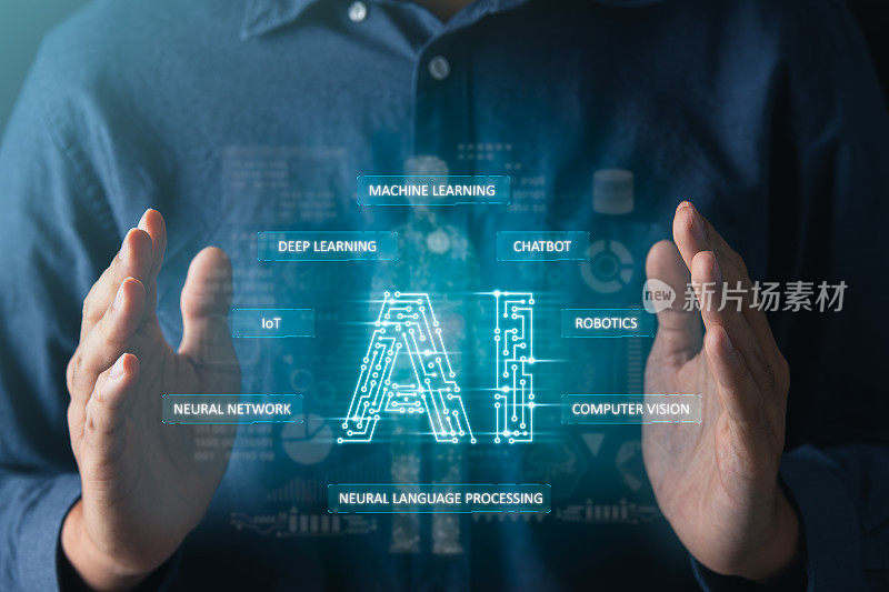 人工智能机器人人工智能，商人使用人工智能聊天机器人与人类对话。未来技术和数字通信概念。
