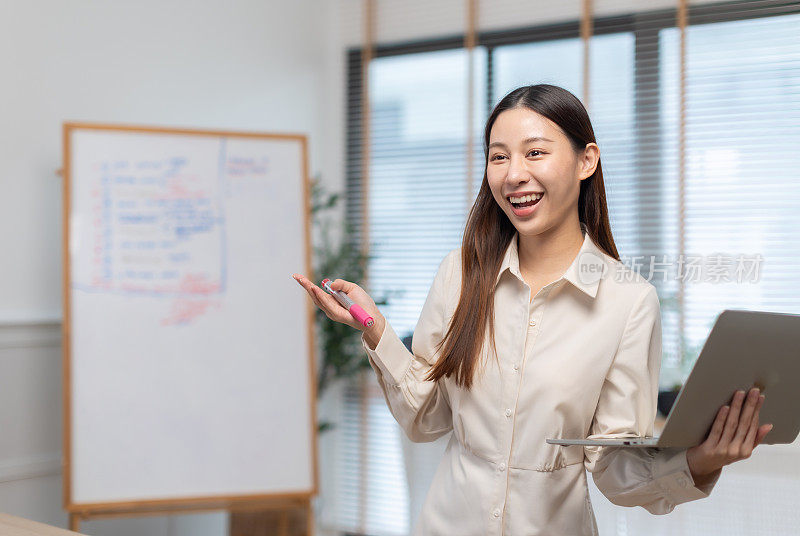 商务人士在家庭办公室向合作伙伴介绍新项目。年轻的女商人在会议室里做报告。