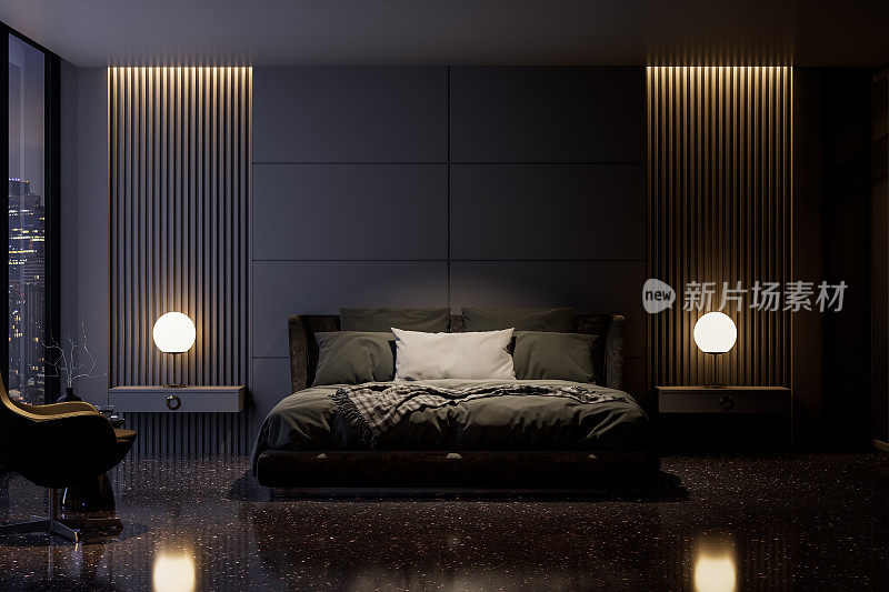 现代风格的豪华黑色主卧室与城市景观在夜间3d渲染