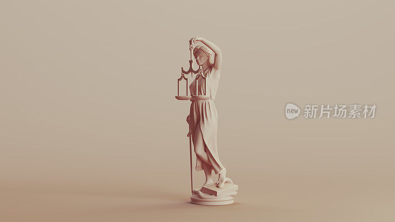 女法官司法系统经典雕像女人柔和色调米色棕色背景四分之一左视图