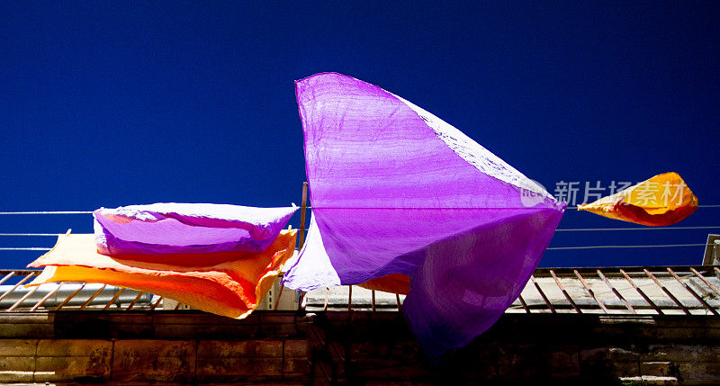 充满活力的紫色和橙色床单在洗衣线上