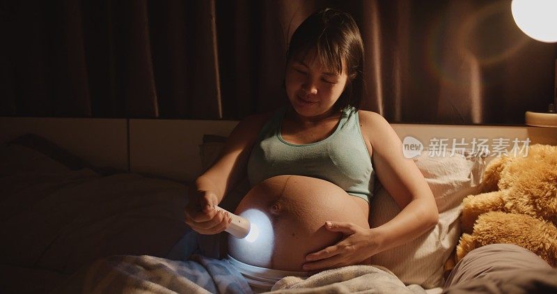 怀孕的母熊用手电筒和她未来的宝宝玩耍
