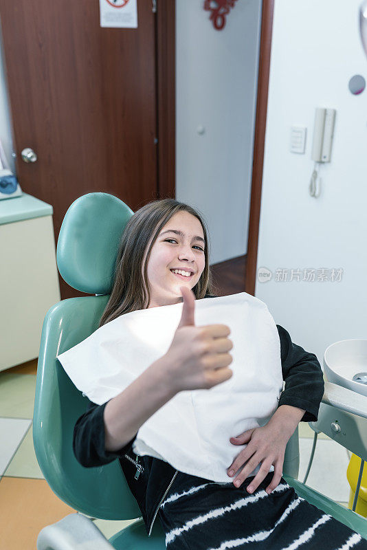 年轻美丽的女孩成功的牙科治疗后