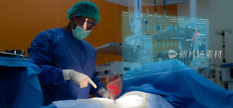 智能医疗技术理念，医生使用眼镜，利用增强现实显示患者的胃损伤进行分析，找到在医院手术室治疗的方法