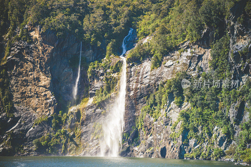 绿色的自然风景山背景米尔福德湾峡湾峡湾国家公园在新西兰南岛从旅游船拍摄