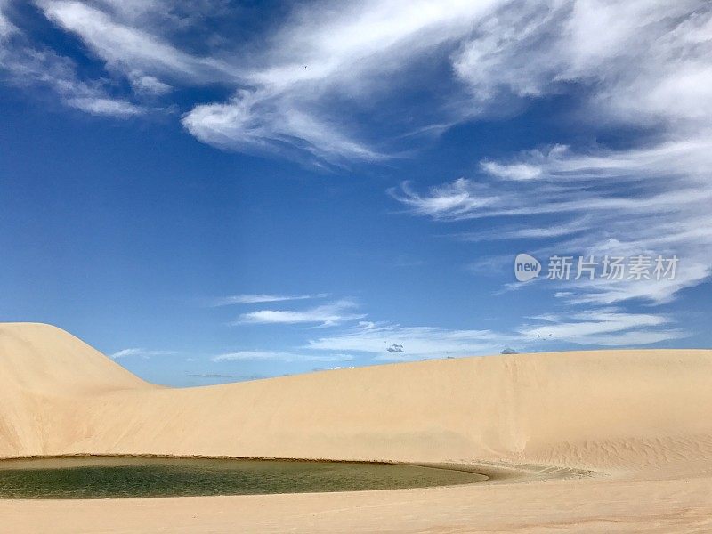 绿松石绿色，翠绿的雨水湖泻湖在一个金黄的沙丘在Jericoacoara，巴西