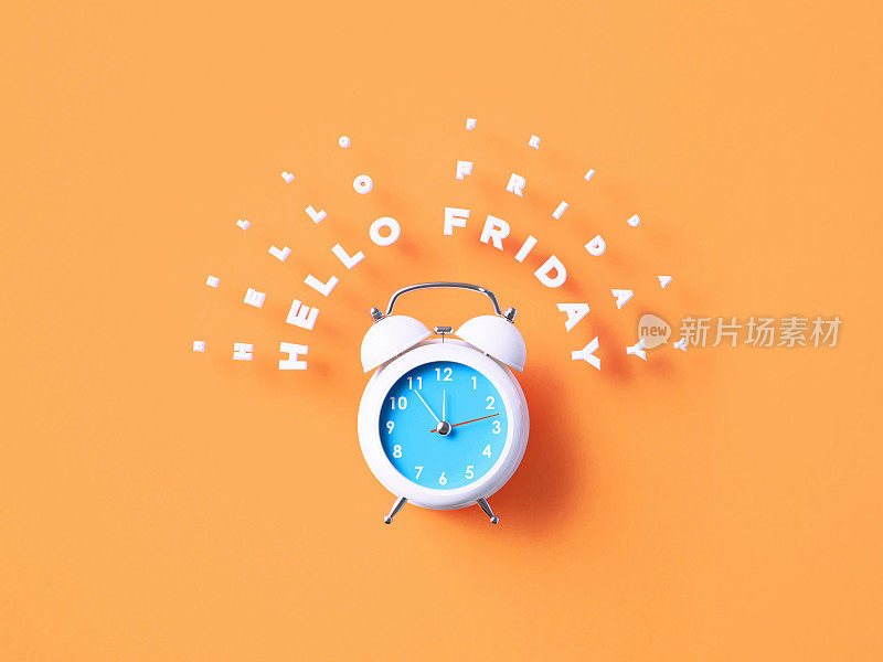 “你好星期五”消息坐在白色闹钟上方的橙色背景上