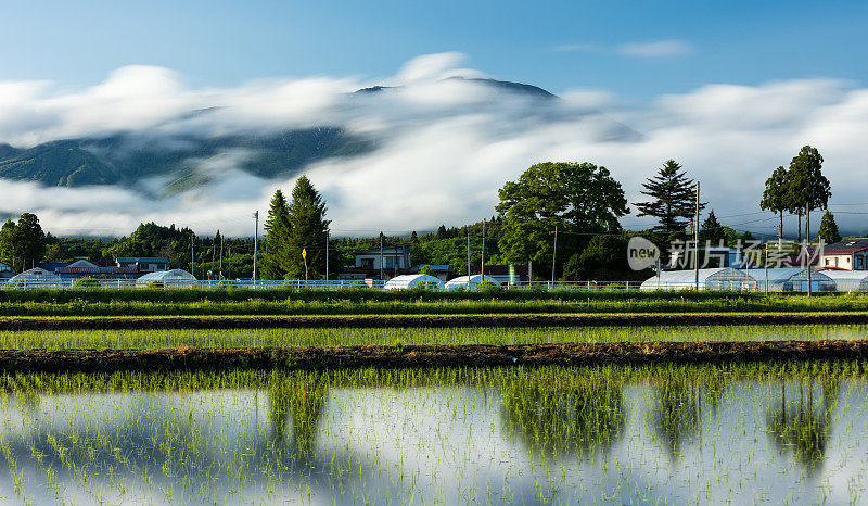 有风的移动的云在山上和乡村农场的场景