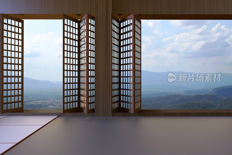简约的现代日本客厅干净的窗户和风景