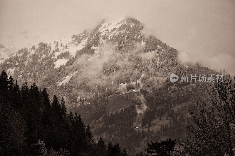 春天瑞士阿尔卑斯山下雪，农场在山坡上