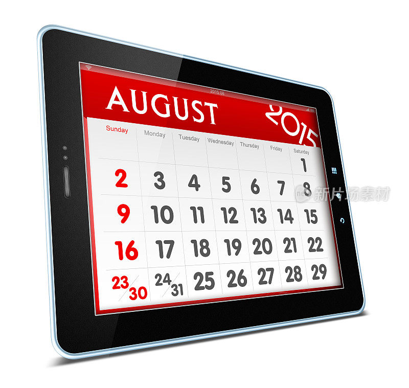 2015年8月数字平板上的日历