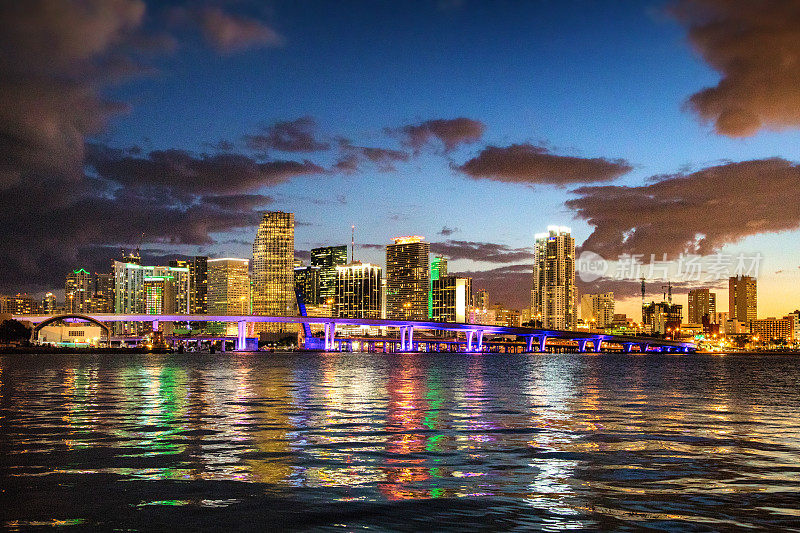 暮色中的迈阿密市中心，前景是蓝色的桥