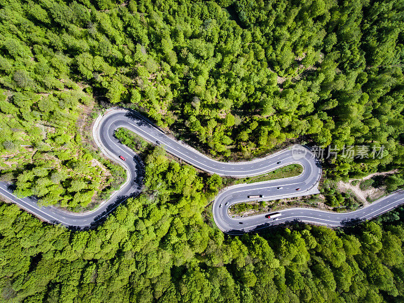 在罗马尼亚特兰西瓦尼亚的森林中，汽车和卡车在蜿蜒的道路上穿行