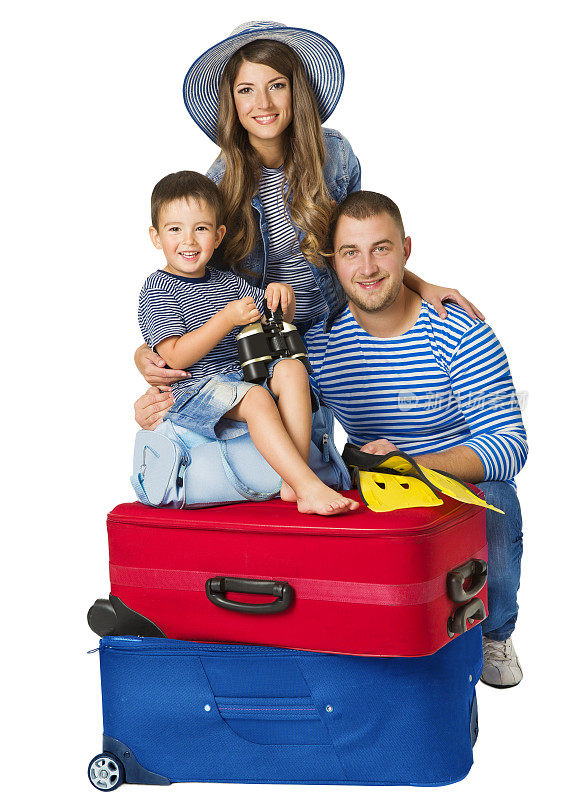 采购产品家庭手提箱，父母孩子的行李，人们和旅行行李，白色背景