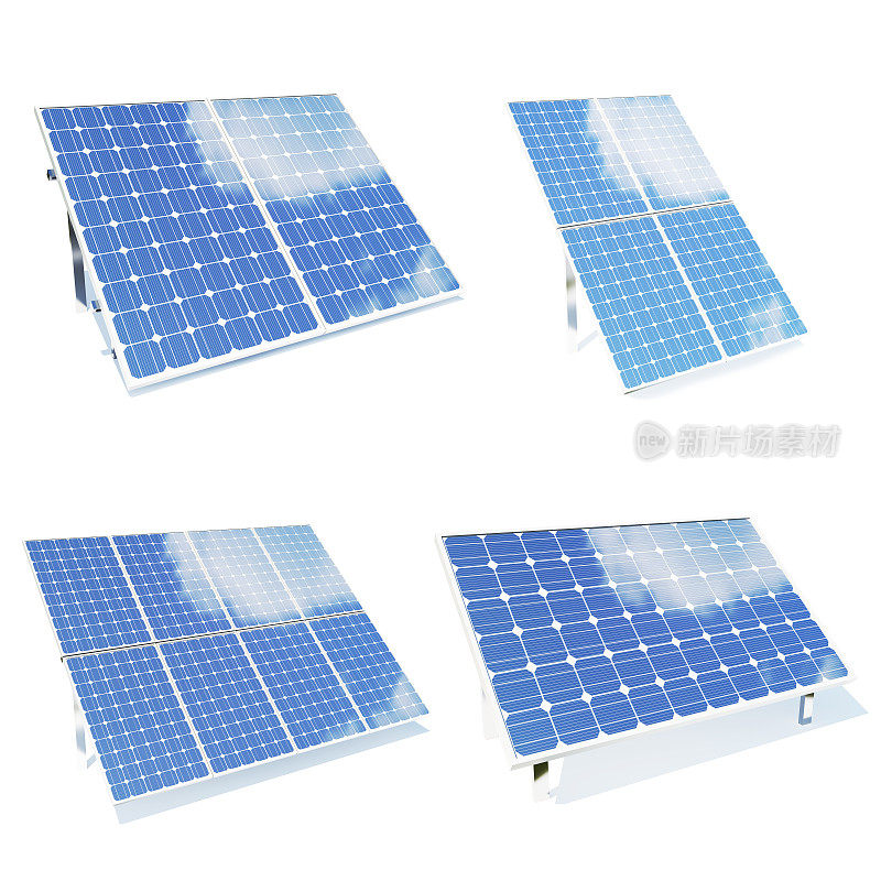 太阳能电池板孤立的白色背景。一套环保太阳能电池板。蓝色的太阳能电池板。替代能源的概念。三维演示