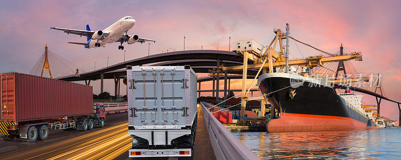 全景运输和物流概念以卡车、船、飞机为物流进出口背景