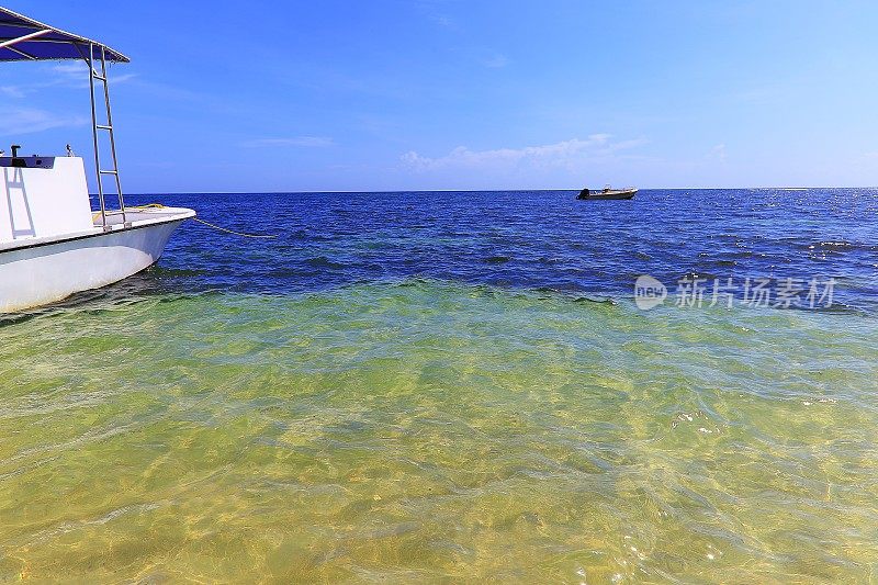 汽艇抛锚停泊在田园般的海滩-蒙特哥湾-牙买加，加勒比海