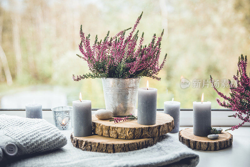 准备秋天。常见石南花在锌锅，家居装饰的想法。窗台上一套舒适的季节装饰。点着灰色蜡烛，木板，花盆里常见的粉红色石南花。