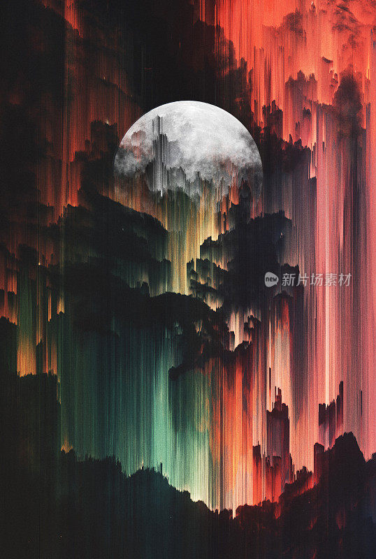 超现实主义艺术海报的月亮升起。像素排序技术