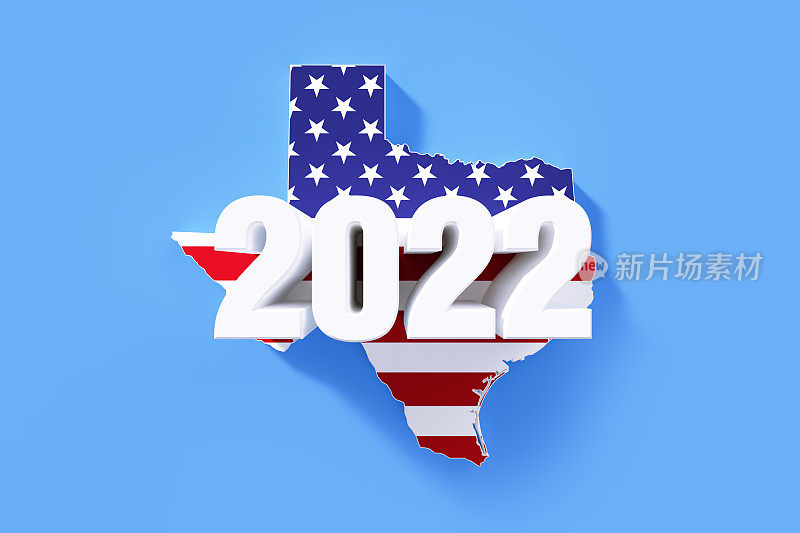 2022年美国中期选举概念:坐在蓝色背景的美国国旗纹理的德克萨斯州实体地图上