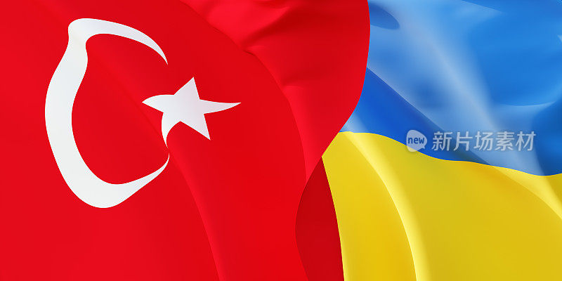 Türkiye的国旗和乌克兰的国旗在风中飘扬。