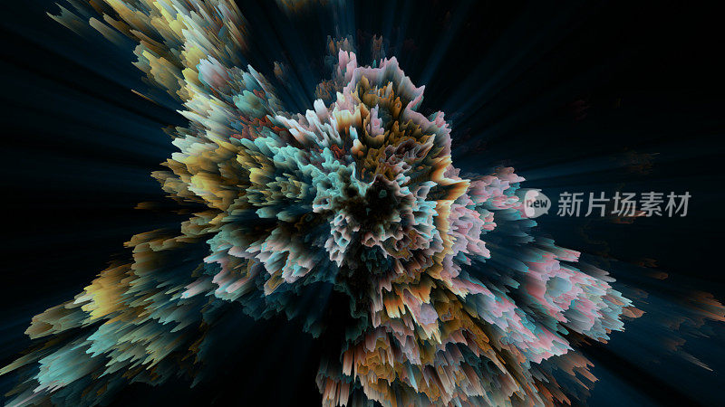三维背景分形湍流，可能暗示珊瑚。像素排序。故障的艺术。