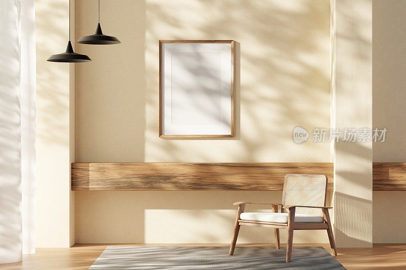 垂直木框架模型在客厅内部与窗户光影。3d渲染，3d插图