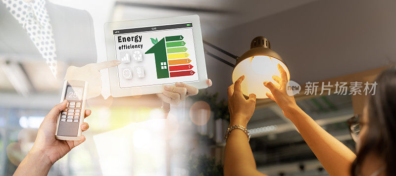 女人换一个新灯泡，开25度空调让家里更节能。家电节能。家用设备和能源等级表。