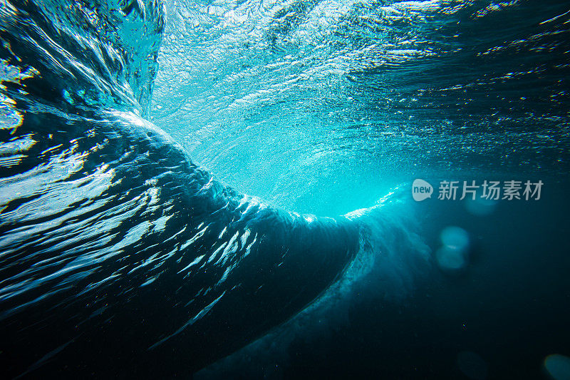 强大的蓝色波浪在海洋中破碎的水下漩涡