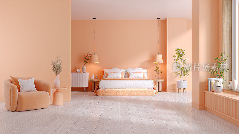 桃色毛绒房，现代迷你床房内饰，大床配桃色扶手椅，墙面刷桃色漆。2024年度色彩，3d渲染
