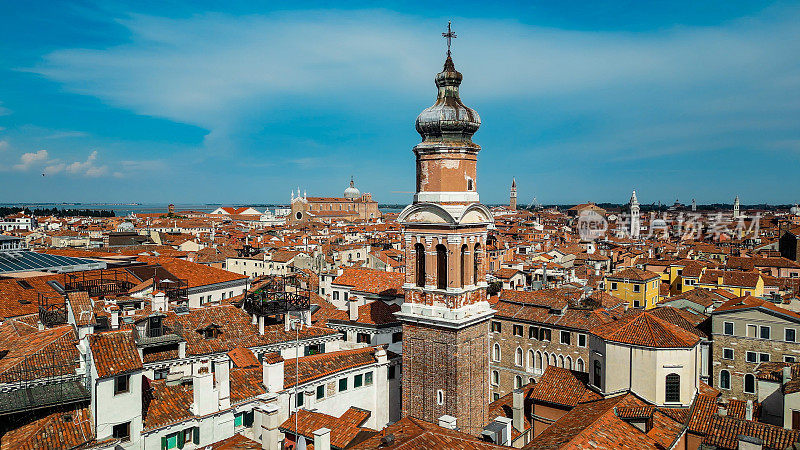意大利威尼斯鸟瞰图，威尼斯建筑和运河的无人机拍摄，威尼斯圣巴塞洛缪圣巴托洛梅奥鸟瞰图