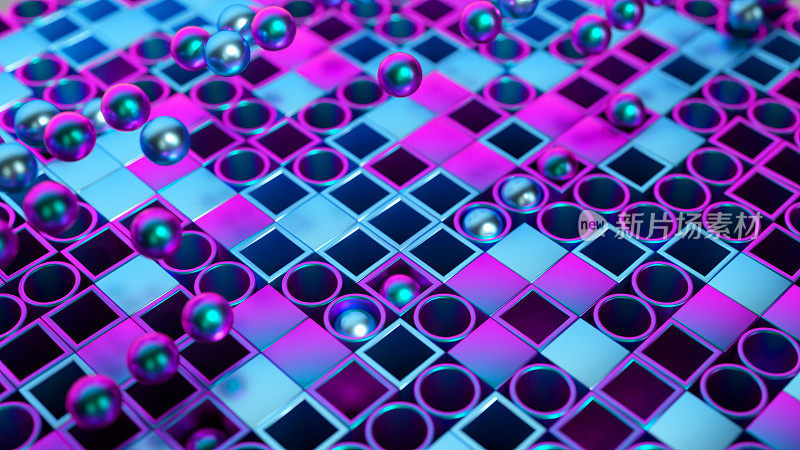 闪闪发光的球体漂浮在霓虹灯网格上，这是一个充满动感和色彩的未来主义3D画面。